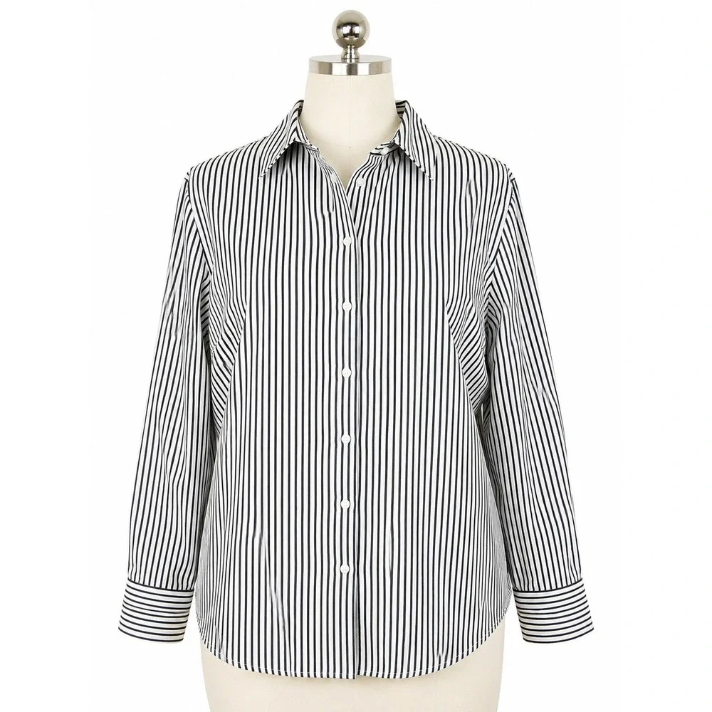 Lauren Ralph Lauren Womens 1X Blue White Striped‎ Cotton Button Front Shirt